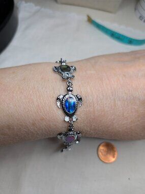 Signed SJ Abalone Sea Turtle Link Bracelet Silver Tone 7.5"